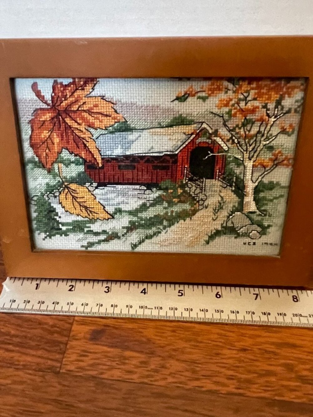 VTG Needlepoint Red Covered Bridge Foliage Autumn Country Scene Approx.8.5"x6.5"